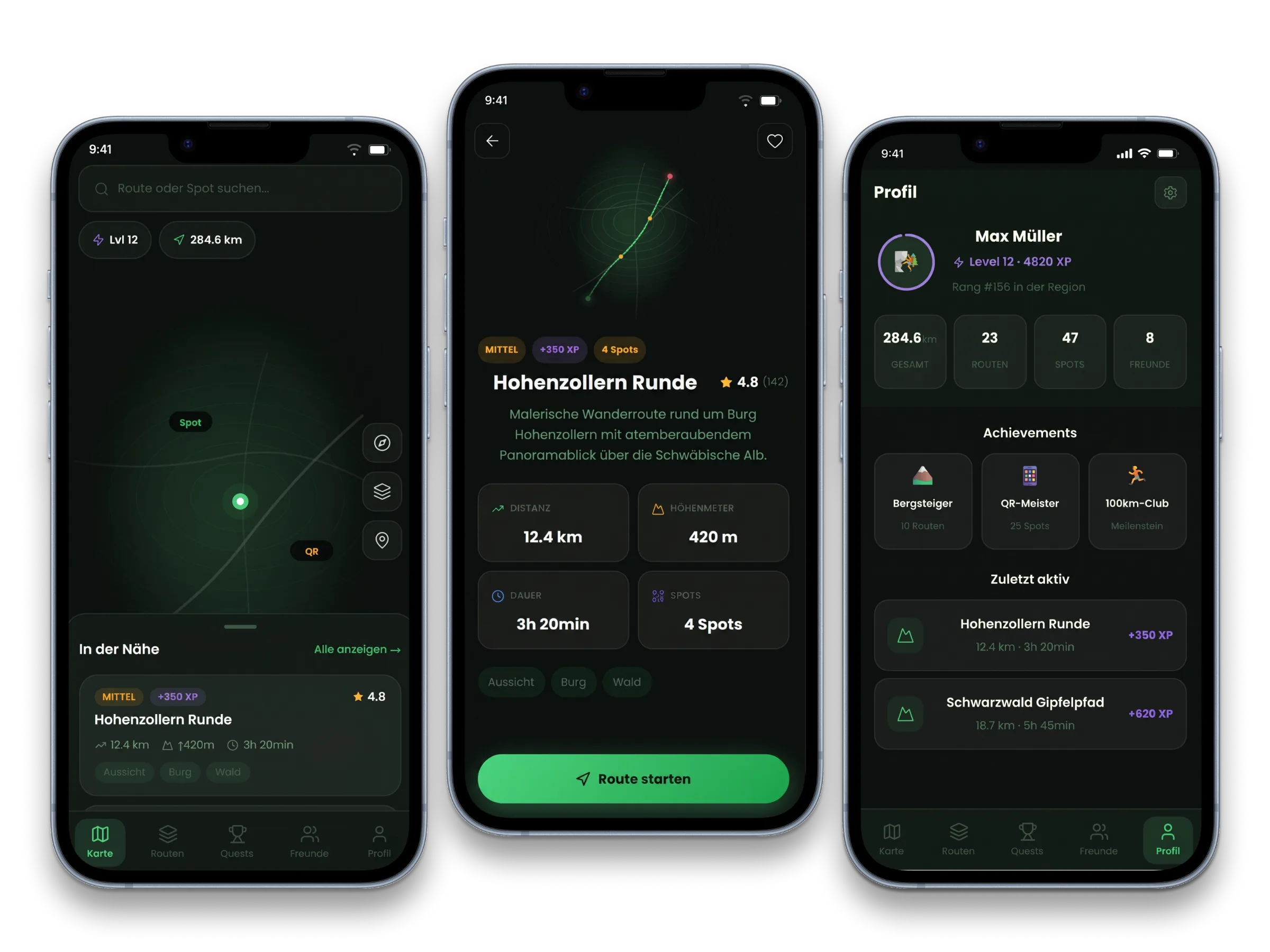 Drei Smartphone-Ansichten von HIQER mit Karte, Route und Spots