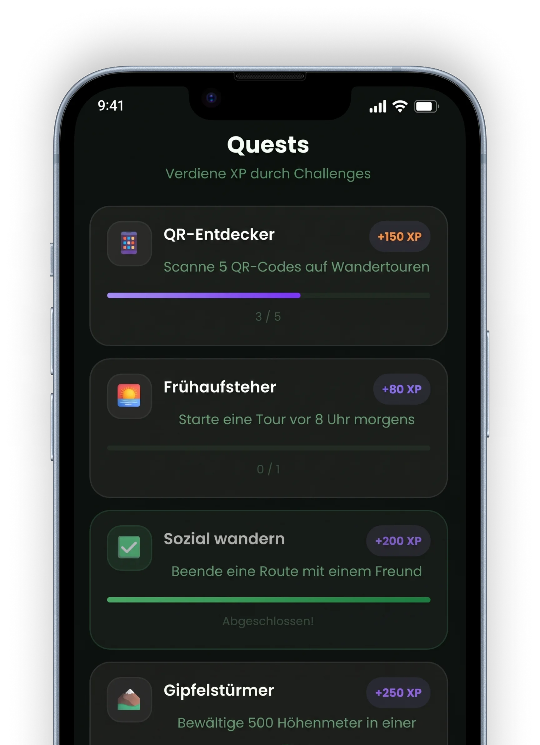 Aktive Quests mit Erfahrungspunkten und Fortschritt
