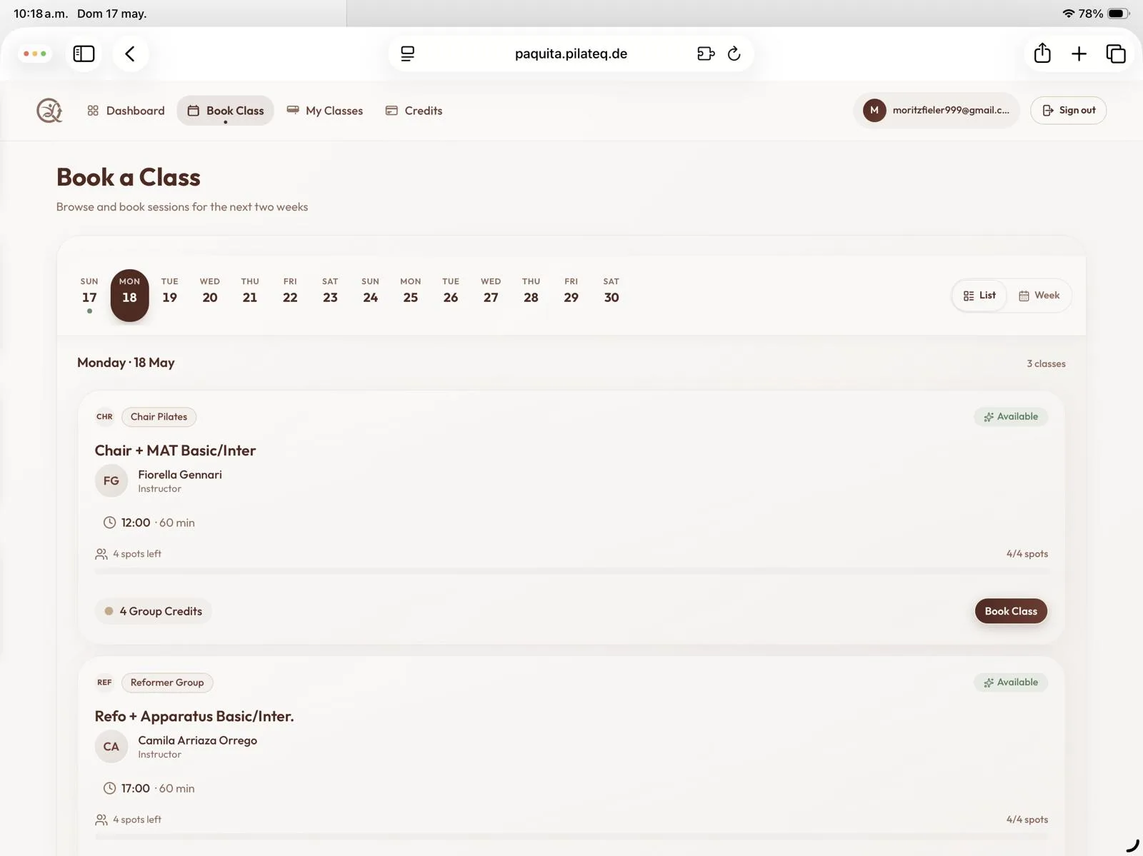 Class booking by type, date and availability