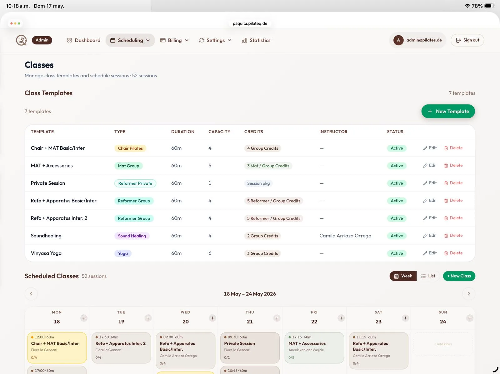 Class management with templates and calendar