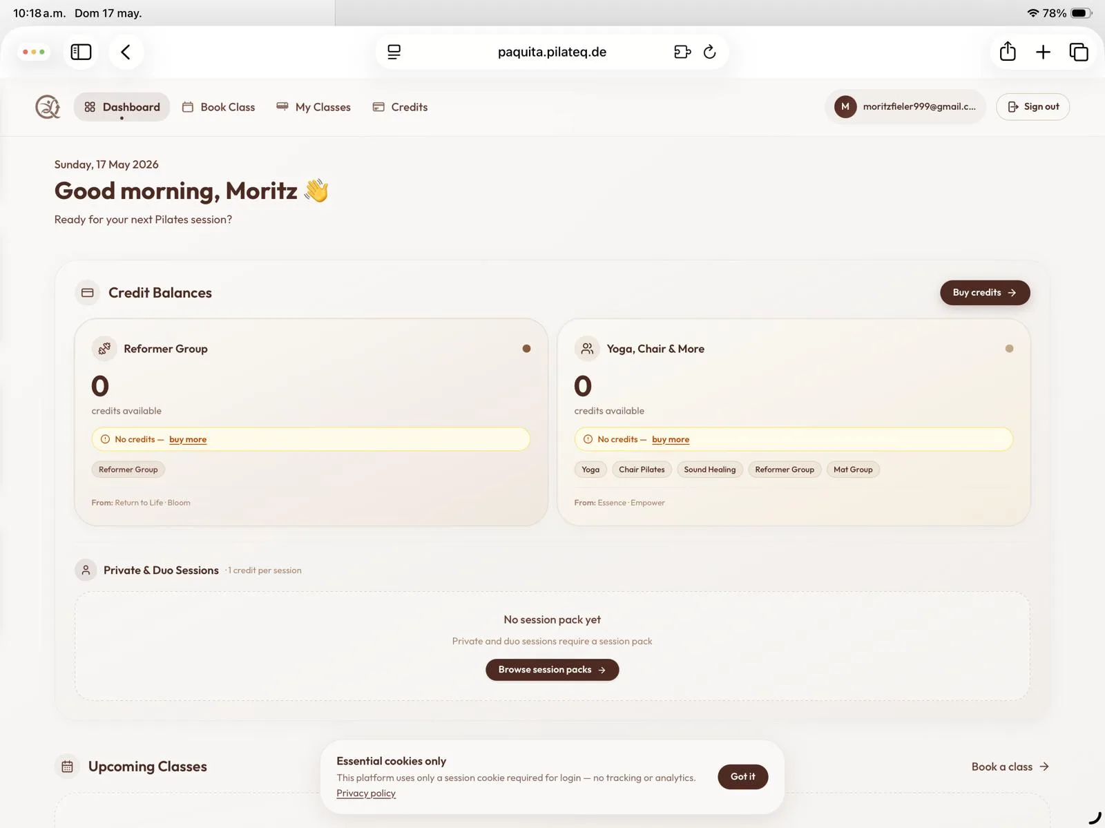 Member dashboard with credits and upcoming classes