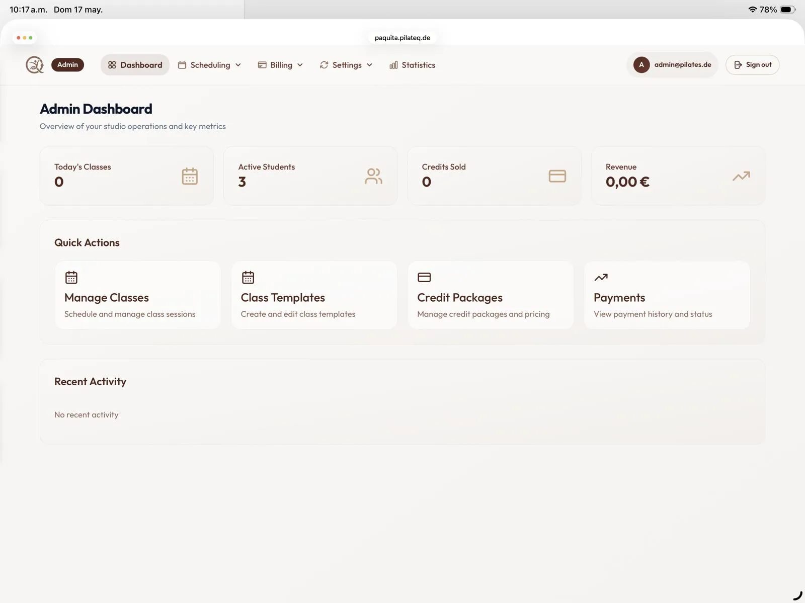 Pilateq admin dashboard with key figures and shortcuts