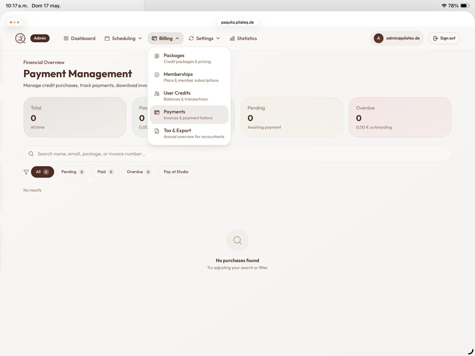 Payment overview with filters and export
